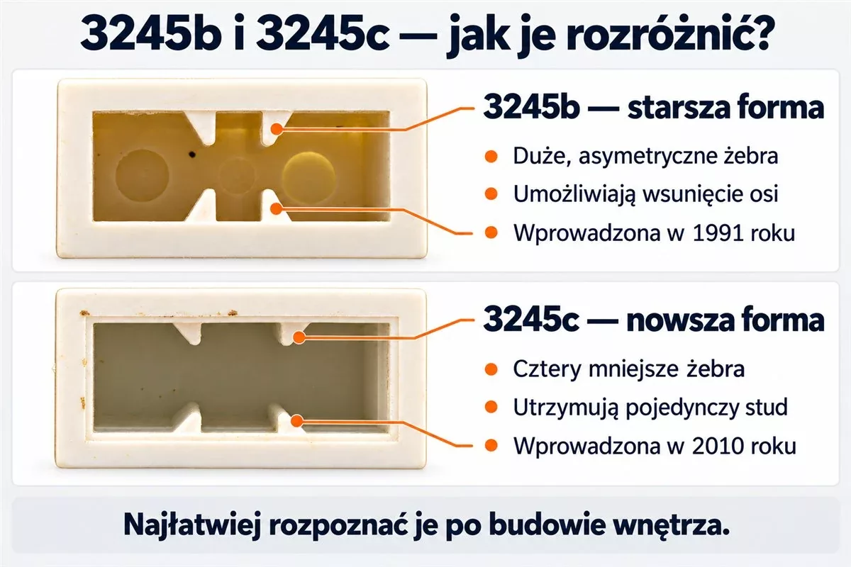 Porównanie klocków LEGO 3245c i 3245b od spodu, pokazujące uchwyt studa i uchwyt osi