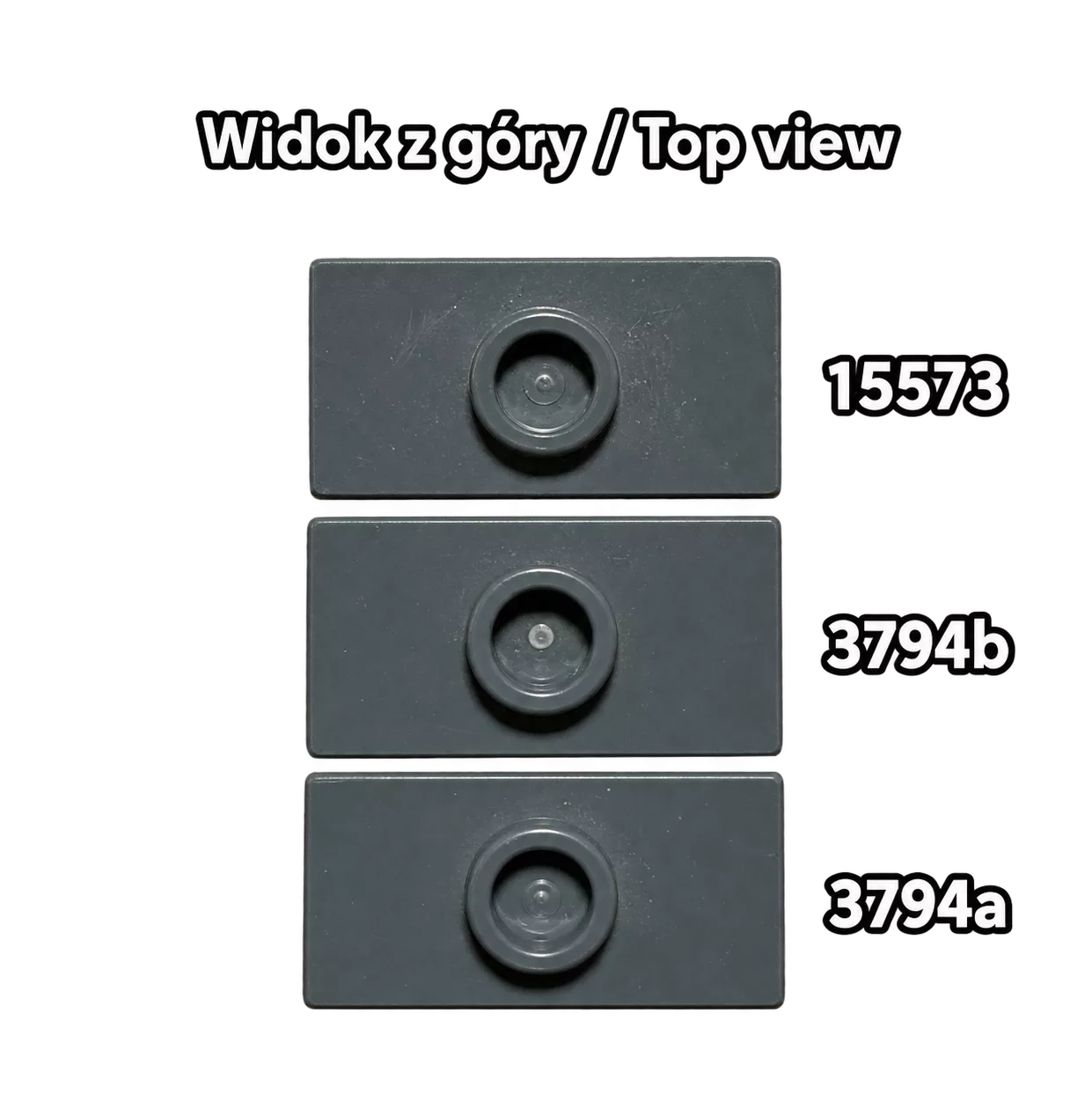 Porównanie klocków LEGO 15573, 3794b i 3794a – widok z góry
